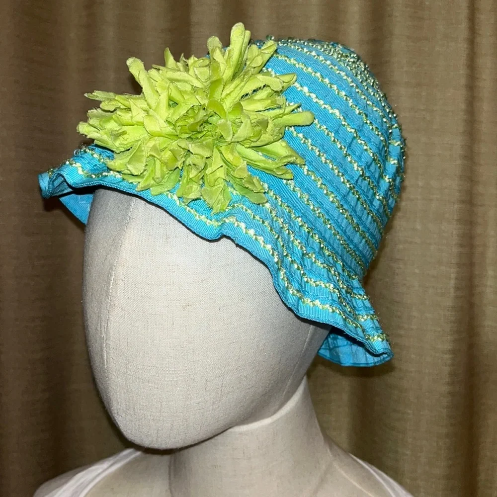 Toddler Hat Aqua with Lime Stripe Accent and Flower